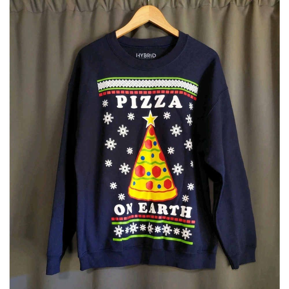 Pizza On Earth Christmas Holiday Sweater Sweatshirt Navy Blue Size Large